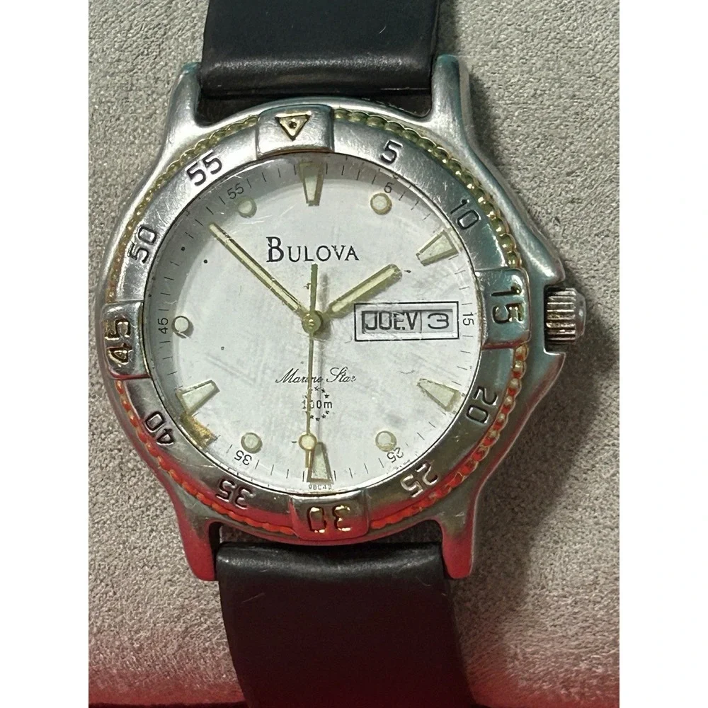 Bulova Marine Star Two-Tone Diver Day-Date White Dial Mens Watch READ